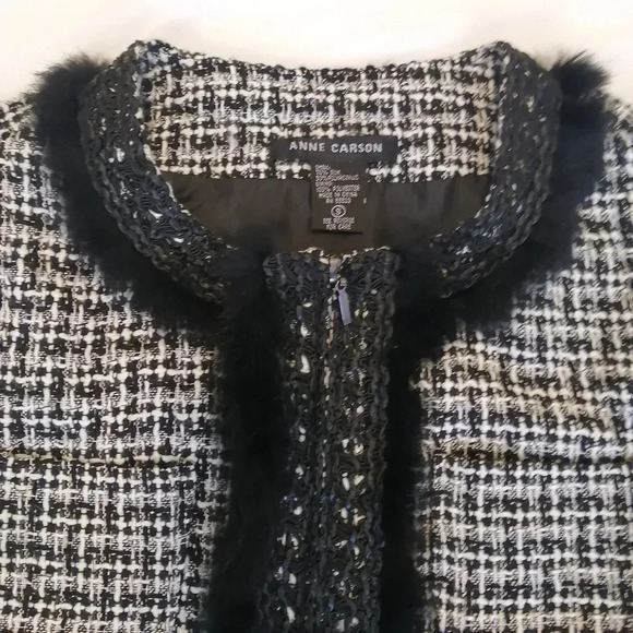 Anne Carson Silk Tweed Collarless Blazer with Faux Fur and Patch Pockets Small - Picture 9 of 13